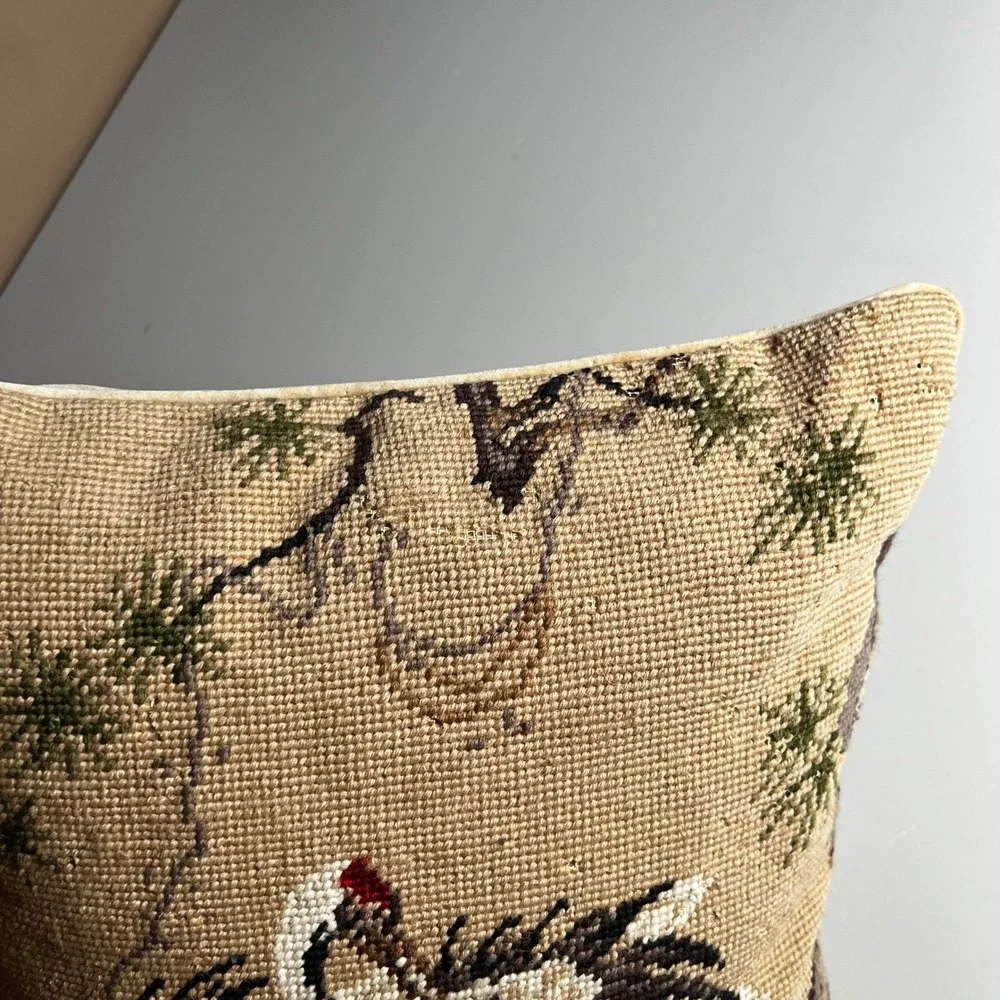 Loie Vintage Needlepoint Crane Bird Throw Pillow Velvet Back 10x10 Decorative